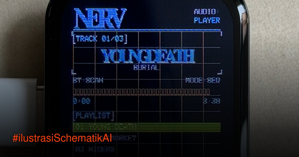 Ilustrasi antarmuka platform AI Schematik yang menampilkan diagram sirkuit elektronik dan komponen perangkat keras di layar komputer.