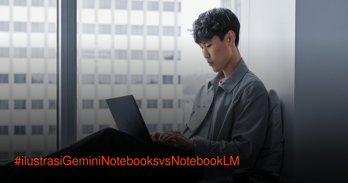 Ilustrasi perbandingan antara logo Gemini Notebooks dan NotebookLM di layar laptop
