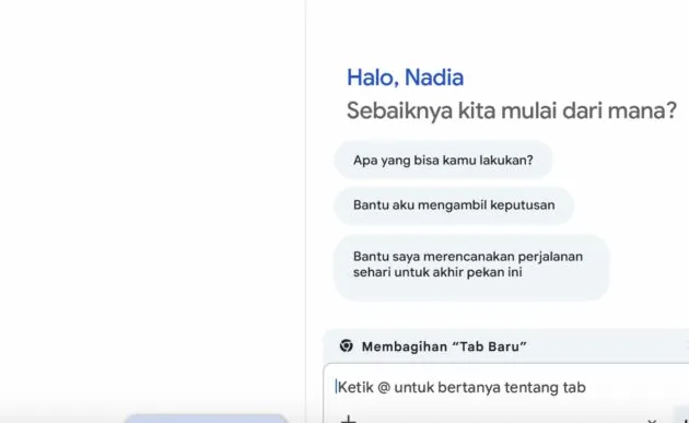 Tampilan panel asisten AI Gemini di aplikasi browser Google Chrome dengan teks berbahasa Indonesia.