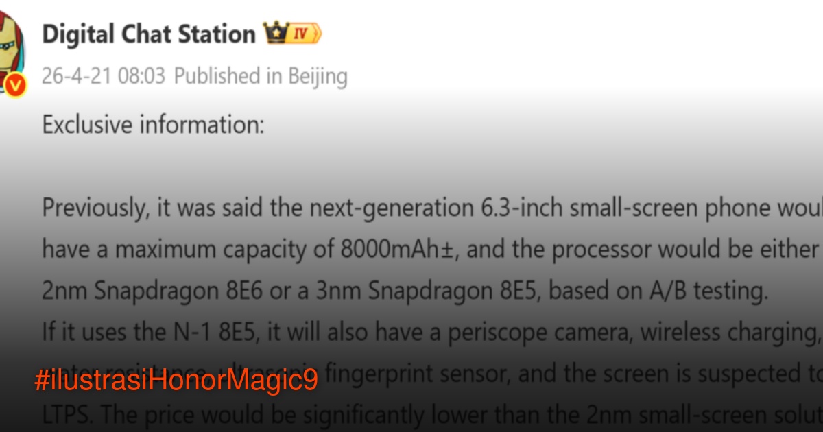 Ilustrasi desain ponsel Honor Magic 9 berdasarkan bocoran spesifikasi