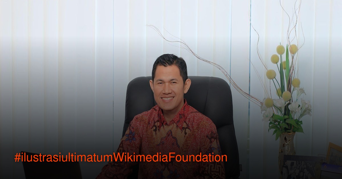 Ilustrasi konfrontasi digital antara logo Wikimedia dan lambang kedaulatan Indonesia
