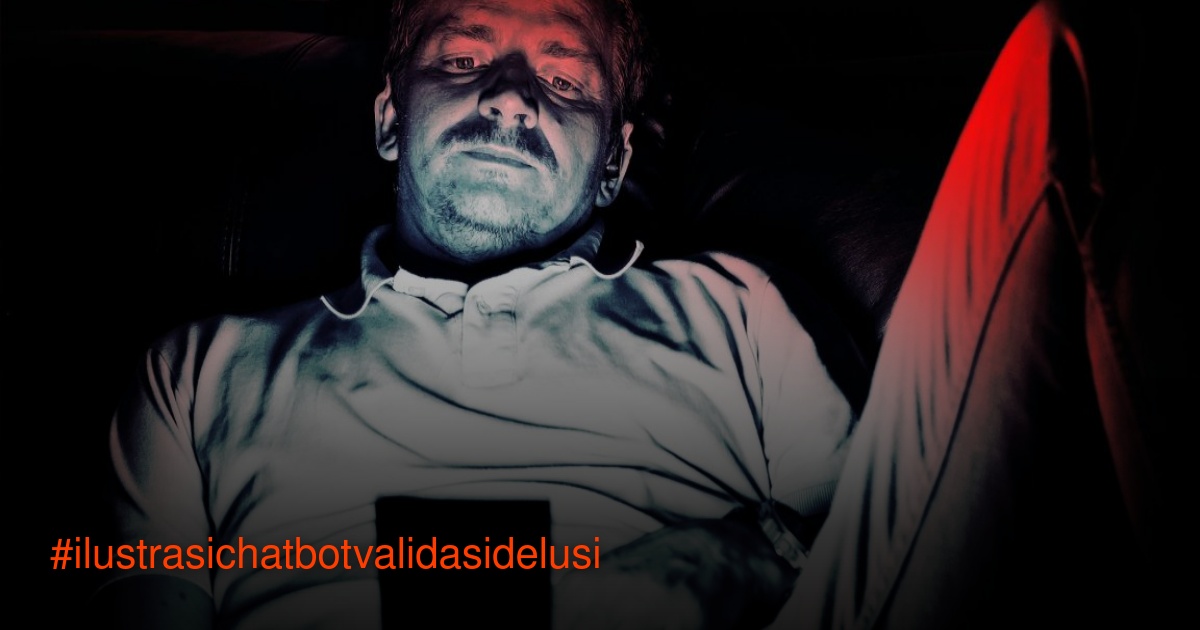 Ilustrasi pria duduk di ruangan gelap dengan cahaya biru dari ponsel, melambangkan interaksi pengguna dengan chatbot AI