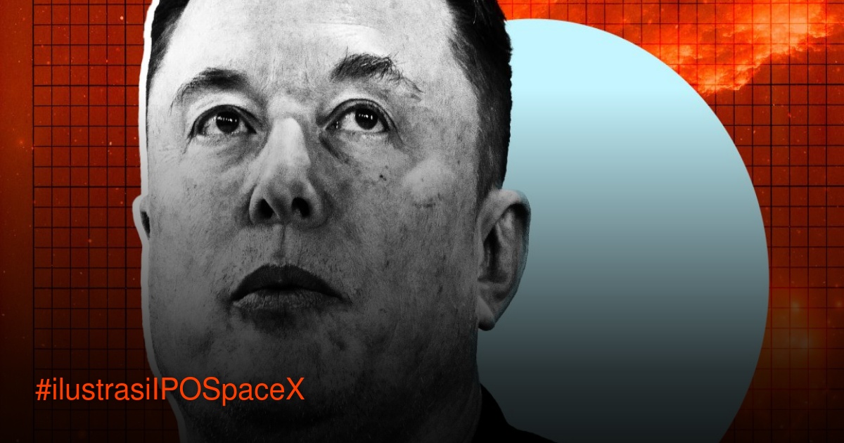 Potret hitam putih close-up Elon Musk dengan ekspresi serius di latar belakang merah dengan pola grid dan lingkaran biru terang.