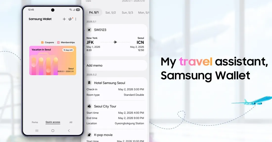 Tampilan fitur Trips di Samsung Wallet menunjukkan timeline perjalanan pengguna
