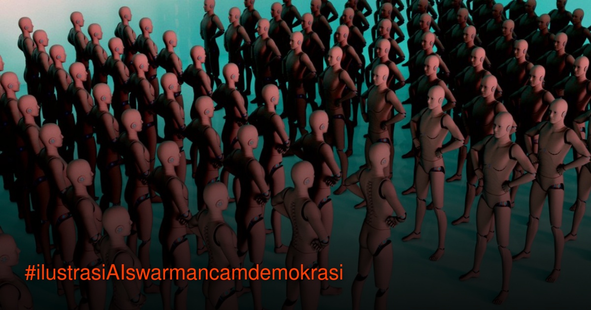 Sekelompok besar robot humanoid identik berdiri rapat di permukaan teal, menggambarkan konsep AI swarm yang mengancam demokrasi.