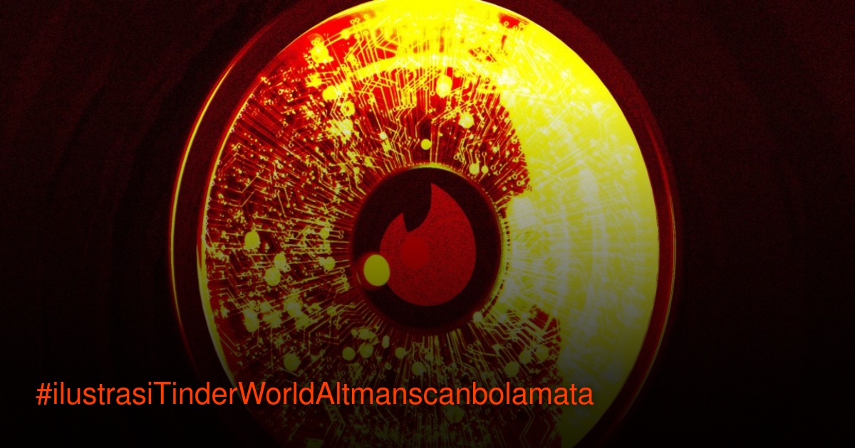 Objek melingkar seperti mata dengan logo Tinder dan pola sirkuit di iris