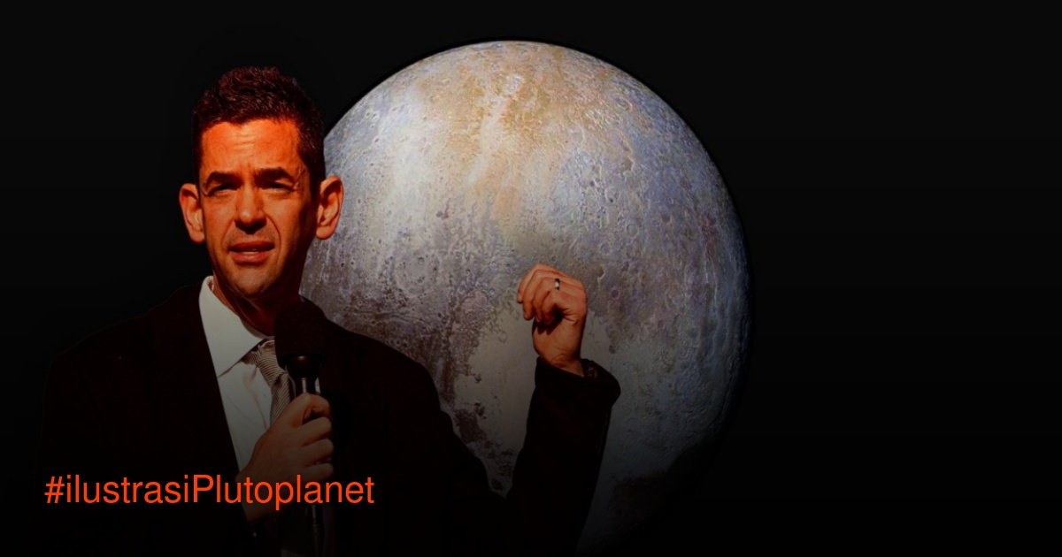 Administrator NASA Jared Isaacman dengan gambar besar Pluto di latar belakang