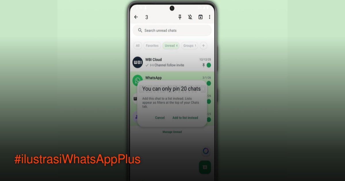 Ilustrasi fitur pinned chat WhatsApp Plus yang memungkinkan menyematkan hingga 20 chat.
