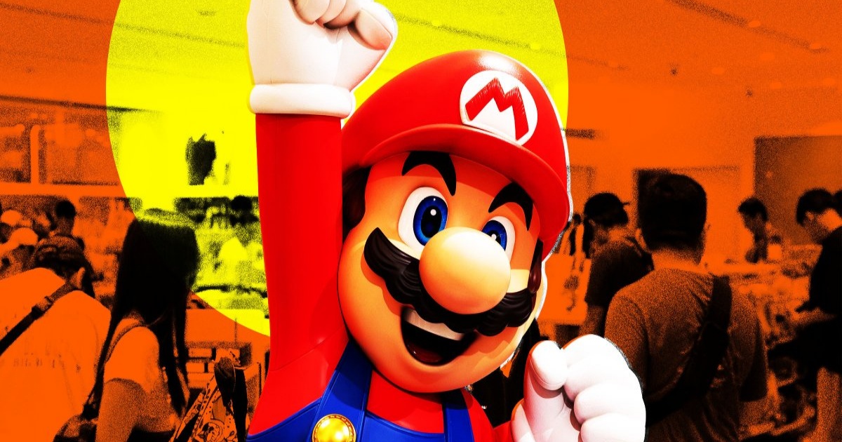 Ilustrasi karakter Mario dari Nintendo dengan latar belakang kerumunan orang