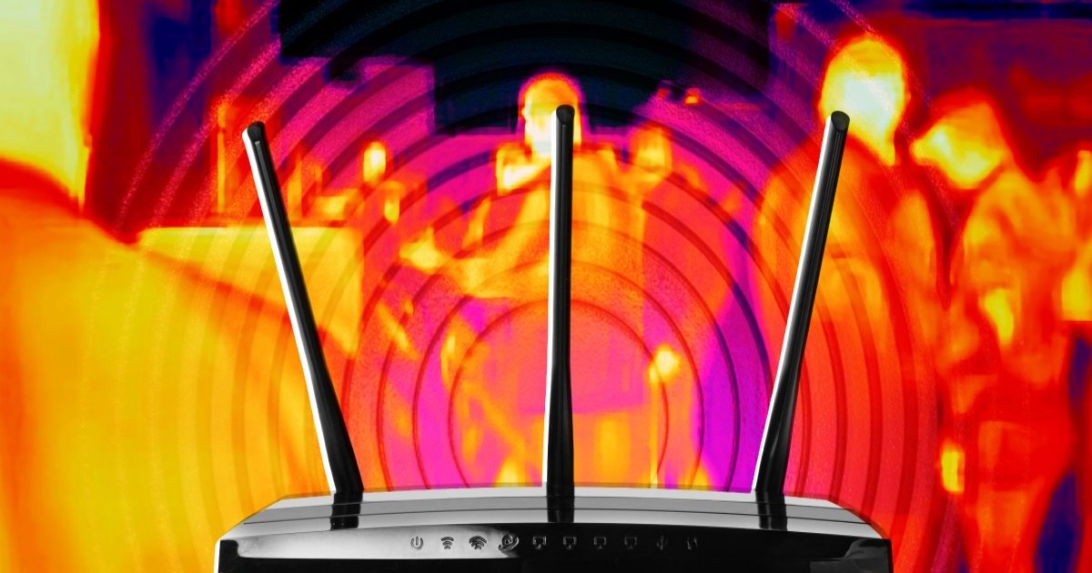 Ilustrasi router Wi-Fi rumah tangga dengan peta panas tubuh manusia dan lingkaran konsentris sinyal