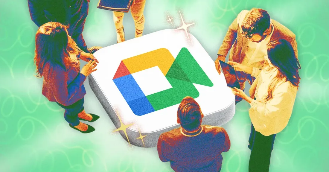 Ilustrasi antarmuka Google Meet dengan berbagai fitur produktivitas