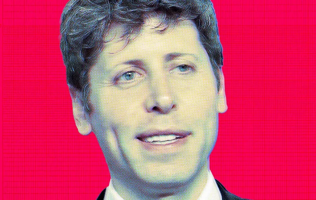 Potret close-up CEO OpenAI Sam Altman dengan efek digital pikselasi dan overlay warna.