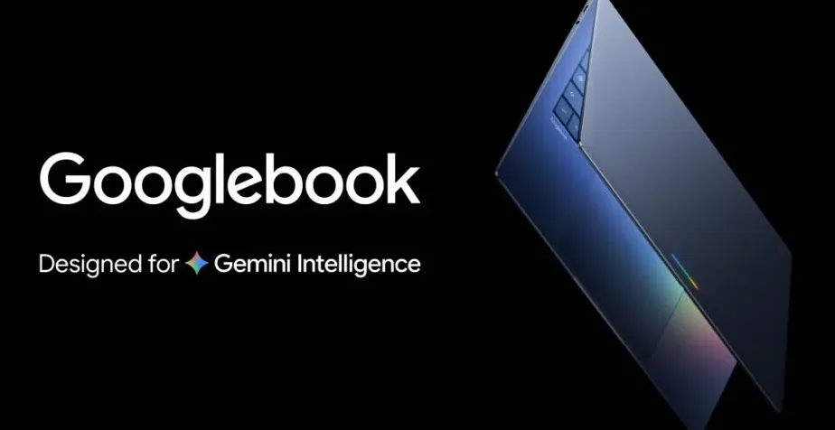 Laptop Googlebook dengan layar menampilkan antarmuka Android dan asisten Gemini