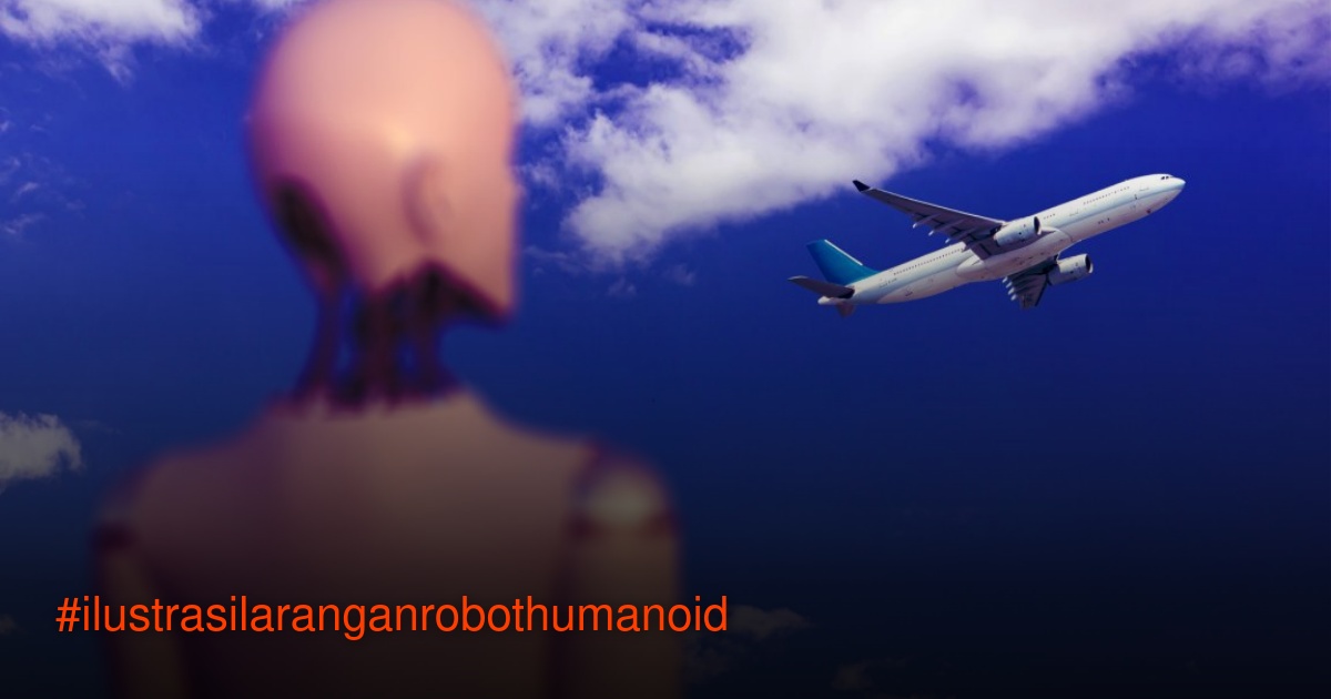 Siluet robot humanoid buram terlihat dari belakang menghadap pesawat putih dengan ekor biru di langit biru berawan
