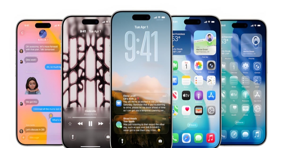 Lima layar iPhone menampilkan antarmuka iOS 26 dengan berbagai aplikasi dan widget