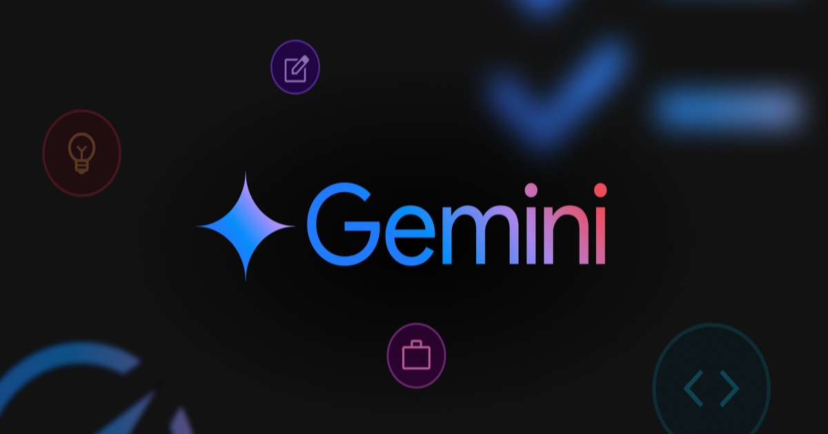 Logo Gemini dan Google dengan latar belakang futuristik biru