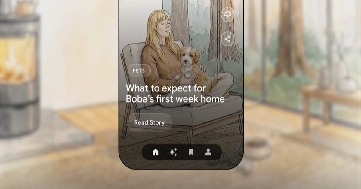 Ilustrasi aplikasi Google Dreambeans yang menampilkan antarmuka berita personal dengan elemen AI dan ikon Google