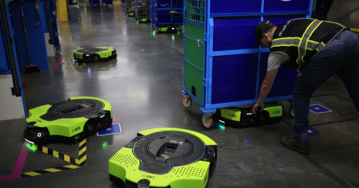 Robot Proteus Amazon yang bisa diarahkan dengan perintah suara bahasa alami di gudang fulfillment