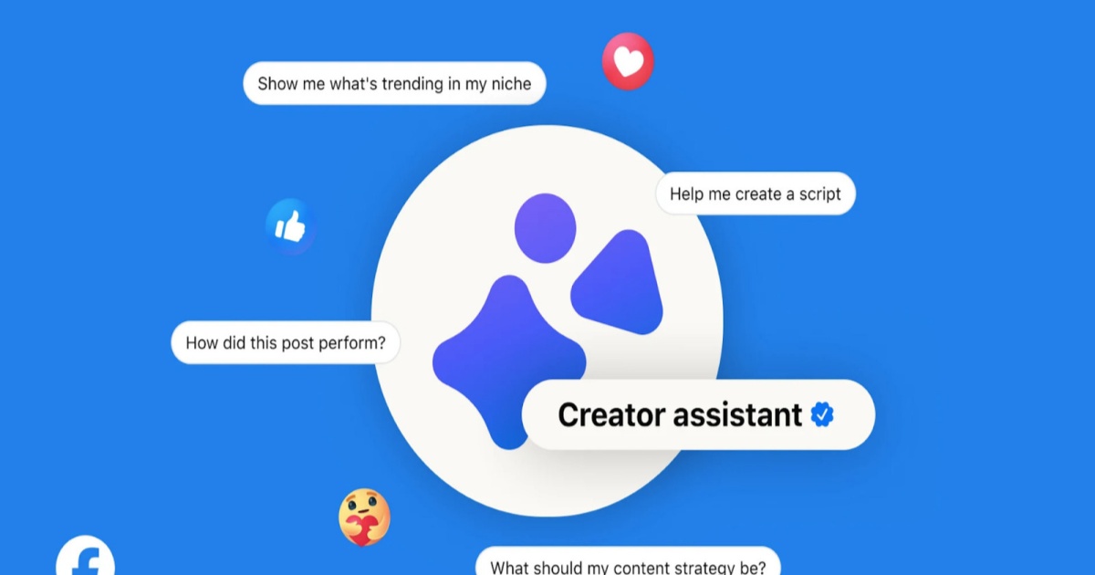 Key art alat Creator Assistant baru dari Meta dengan lima prompt mengambang di atas latar belakang biru