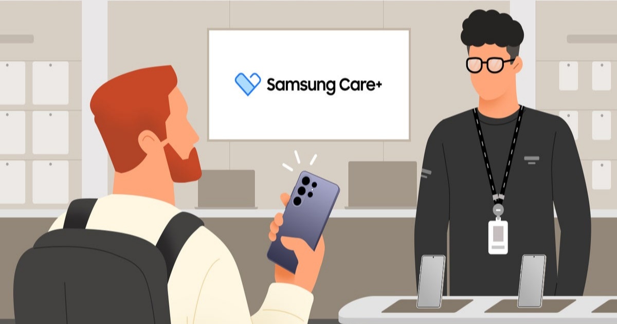 Ilustrasi pemilik Galaxy S26 Ultra di konter Samsung Care+ berbicara dengan perwakilan toko