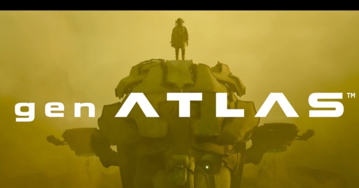Seorang pria berdiri di atas kepala robot raksasa di dunia game gen Atlas