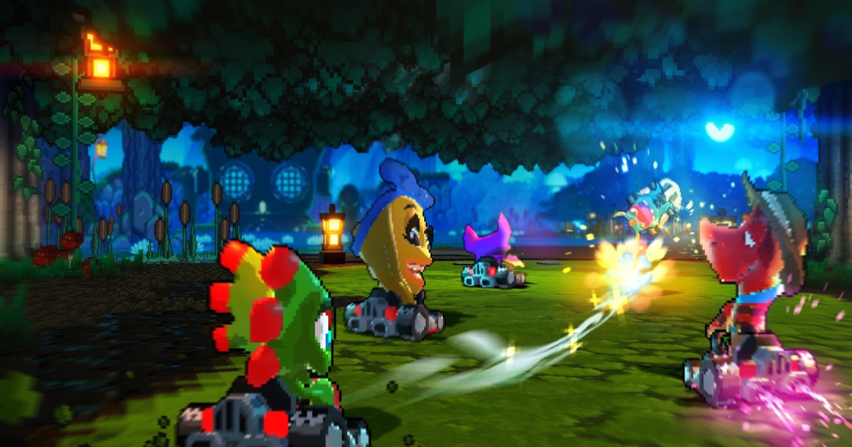 Karakter Yooka-Laylee pixel-art balap di lintasan hutan dengan koin dan power-up