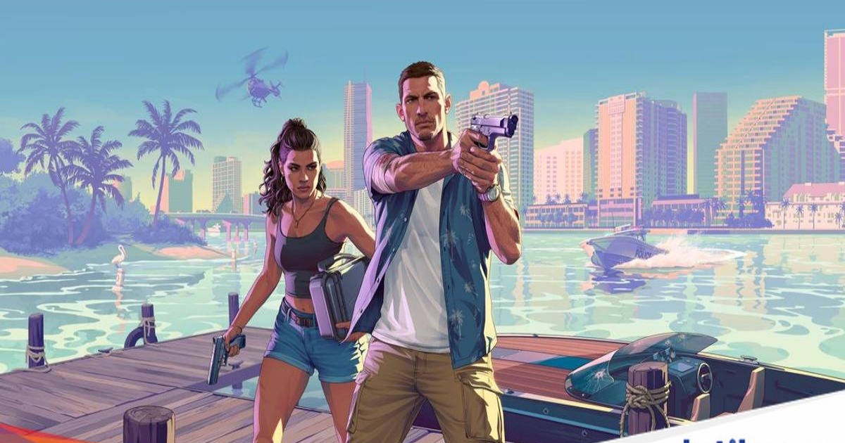 Visual GTA 6 dengan dua karakter utama yang sedang beraksi di kota Vice City