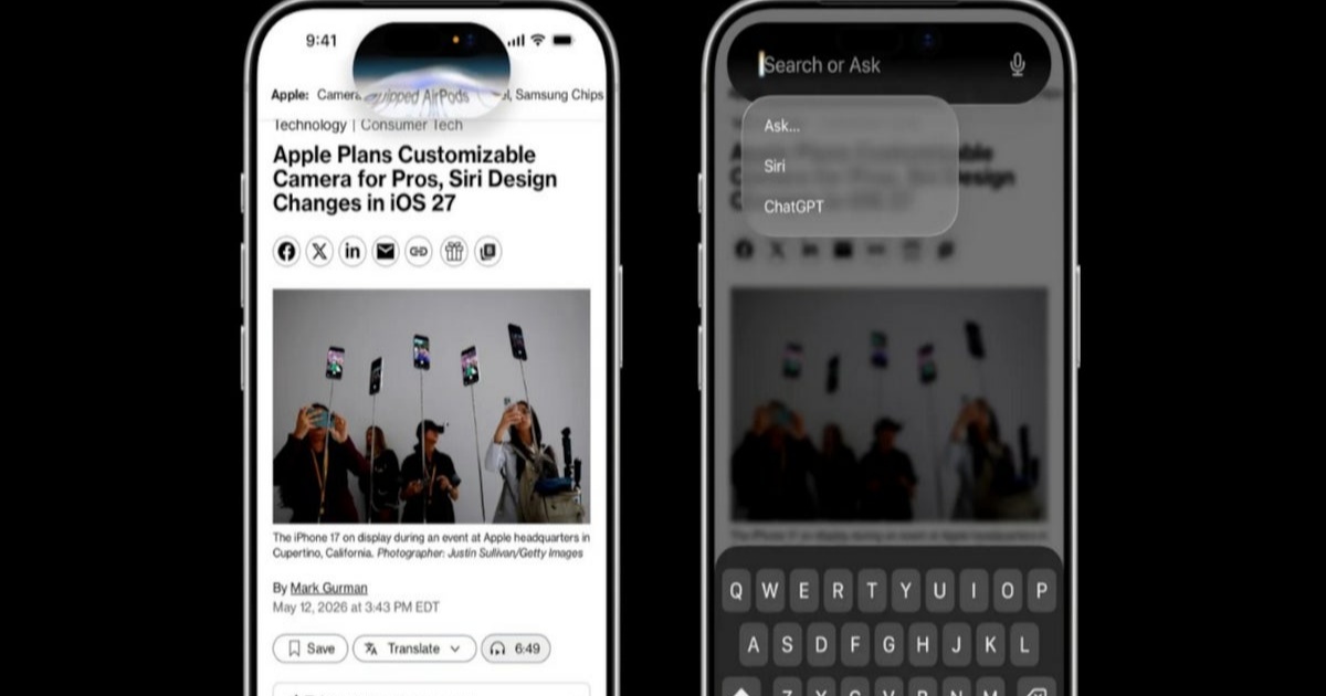 Ilustrasi antarmuka Siri 2.0 dengan kartu informasi di Dynamic Island pada iPhone.