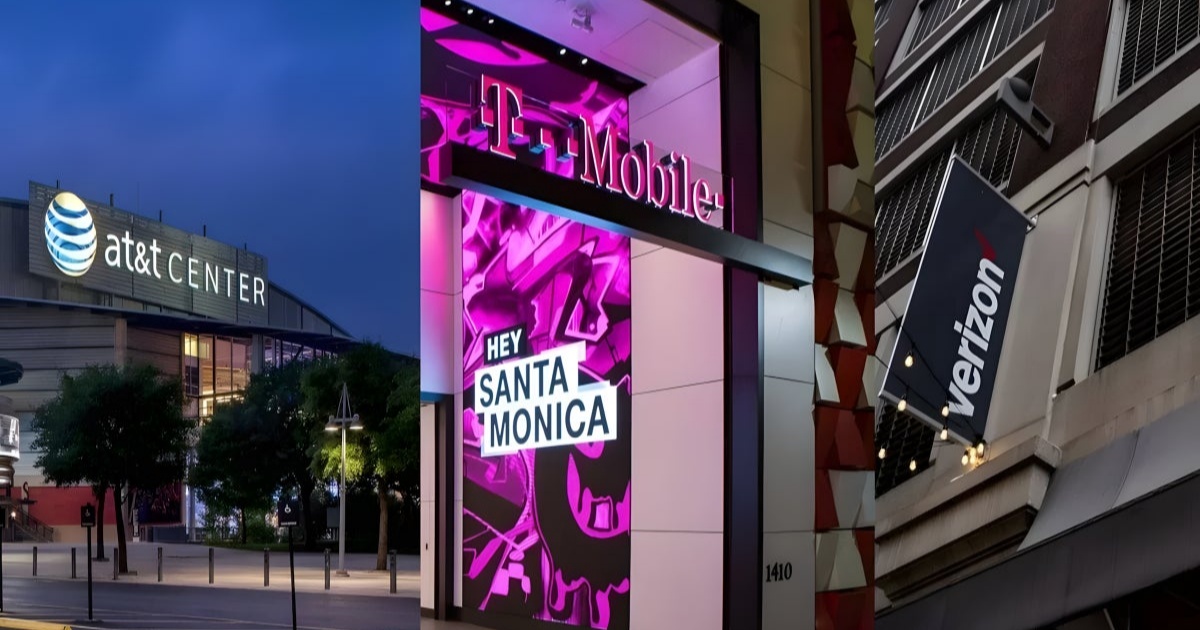 Ilustrasi tiga operator besar AS AT&T, Verizon, dan T-Mobile dalam satu bingkai kolase