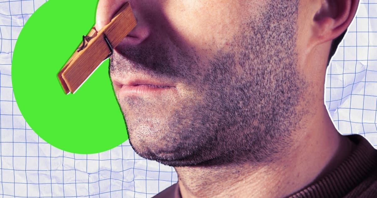 Ilustrasi seorang pria dengan jepitan di hidung di depan pabrik chip Intel