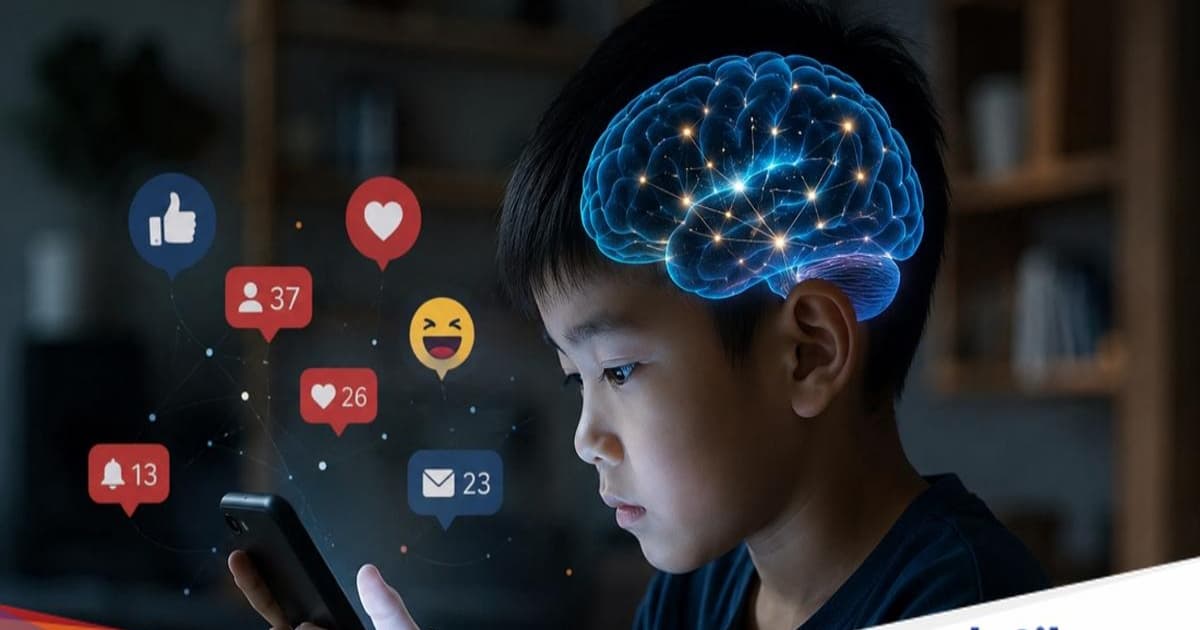 Ilustrasi anak menggunakan smartphone di tempat tidur dengan latar ruangan gelap