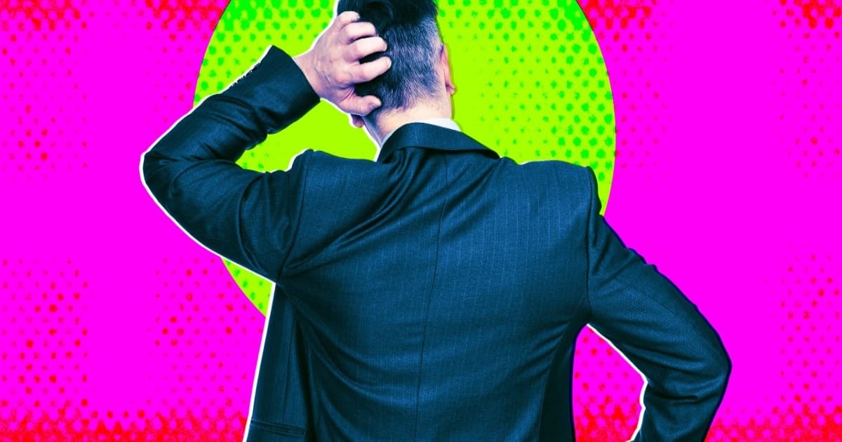 Ilustrasi CEO dari belakang menggaruk kepala mempertimbangkan biaya AI yang membengkak