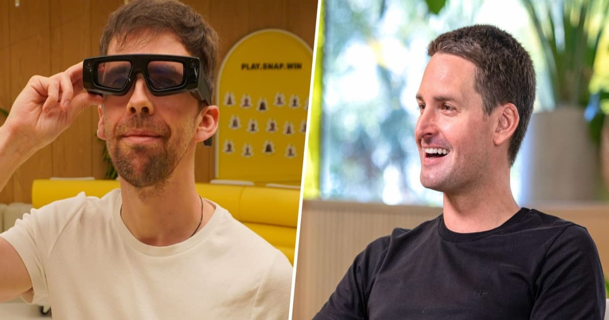 Jason England mengenakan Snap Specs bersama CEO Snap Evan Spiegel di AWE 2026