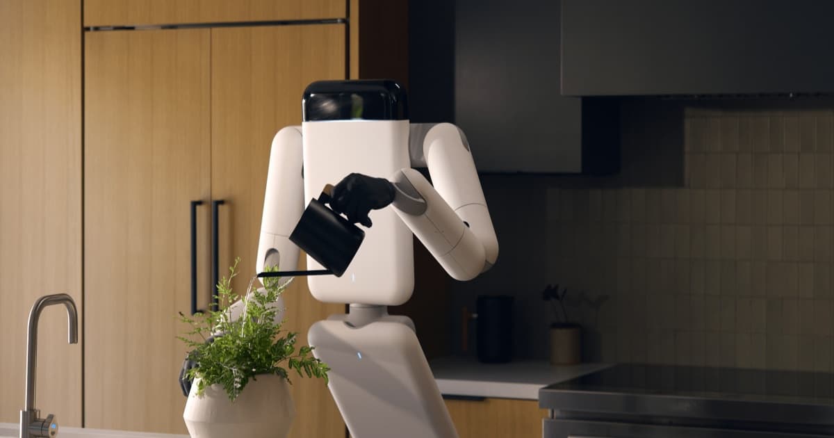 Robot humanoid tanpa kepala Eno dari Genesis AI dengan basis beroda dan tangan seperti manusia