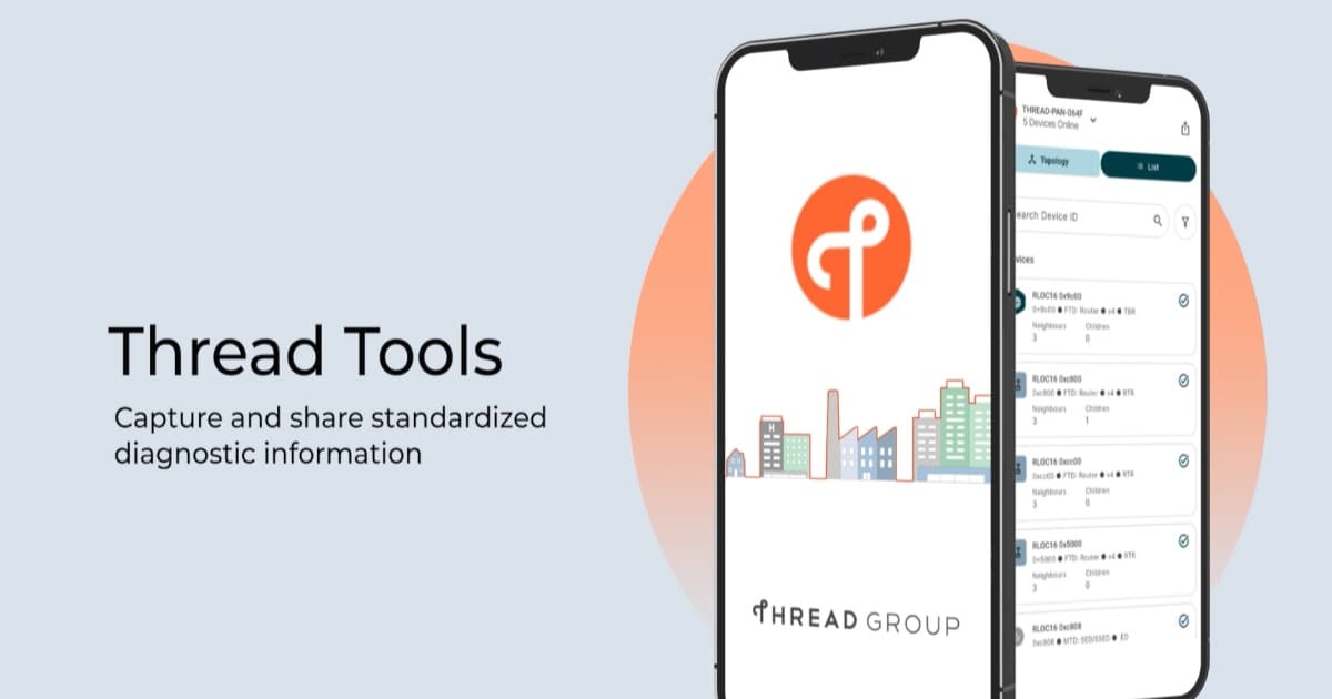 Tampilan aplikasi Thread Network Diagnostics Tools menunjukkan peta jaringan mesh
