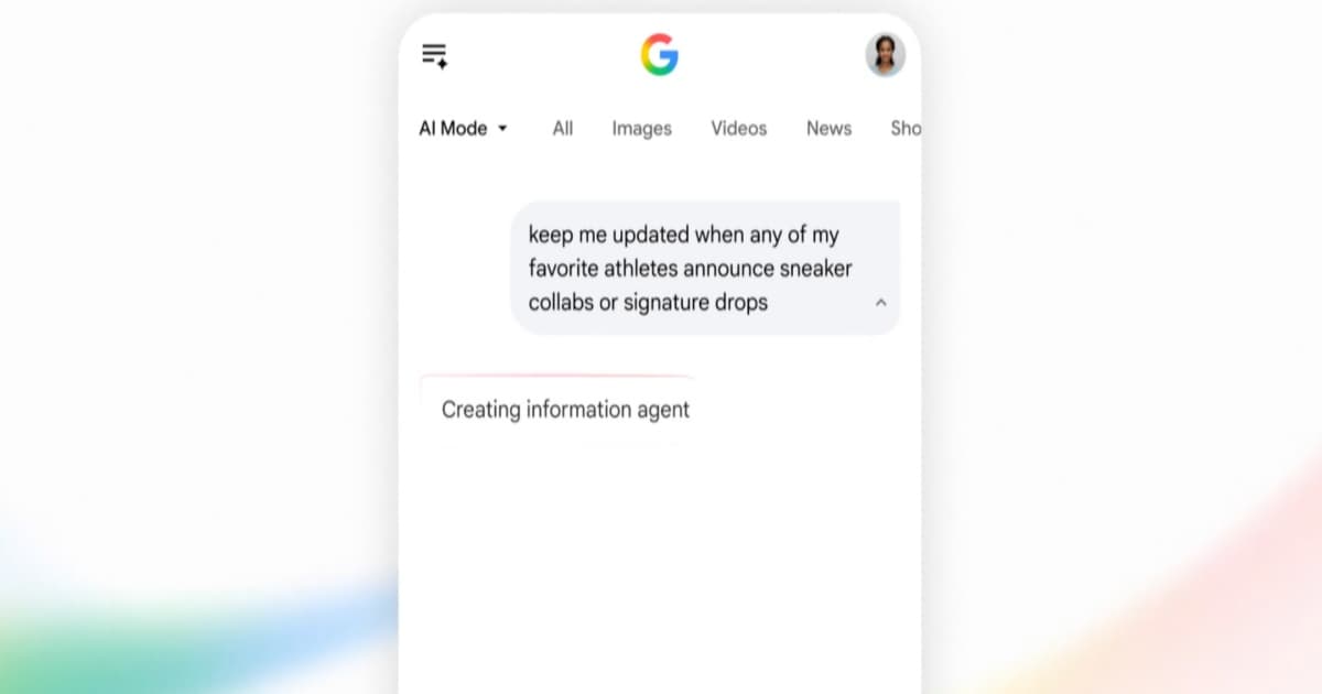 Tampilan fitur information agent di Google AI Mode dengan notifikasi berita