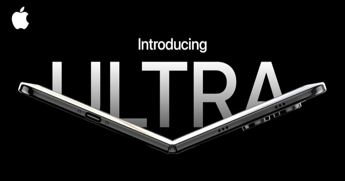 Render iPhone Ultra Foldable dalam posisi setengah terbuka dengan latar belakang hitam dan tulisan ULTRA di belakangnya.