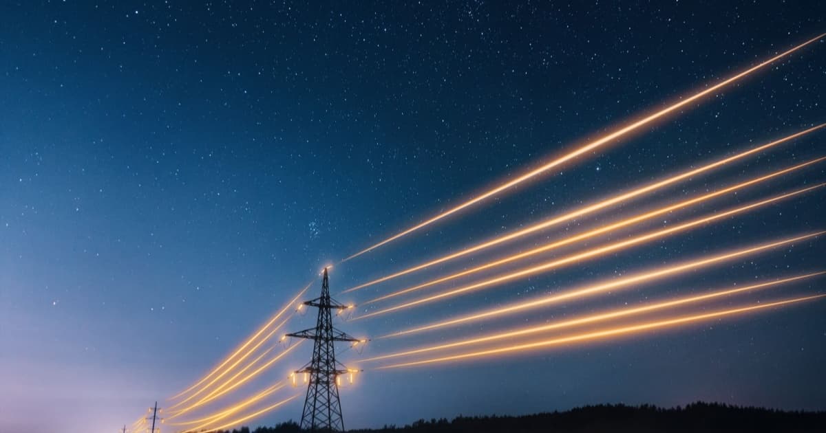 Menara transmisi listrik tegangan tinggi di bawah langit senja