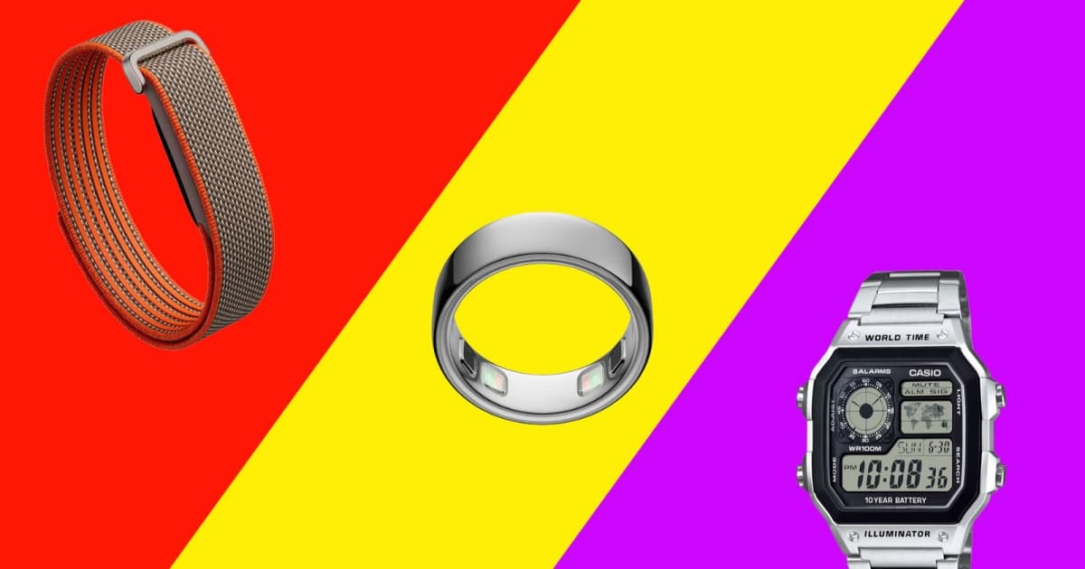 Three-paneled image showing Fitbit Air fitness band, Oura Ring 5 smart ring, and a classic Casio watch as alternatives to smartwatches
