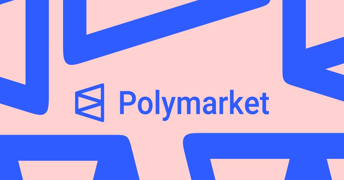Ilustrasi platform Polymarket dengan latar belakang grafik naik turun dan ikon media sosial