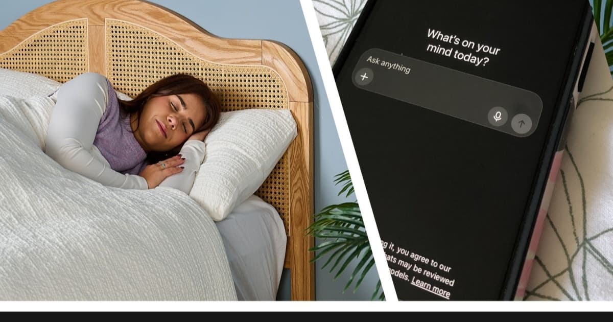 Kolase gambar wanita tidur, smartphone menampilkan ChatGPT, dan peringatan dari Google Gemini.
