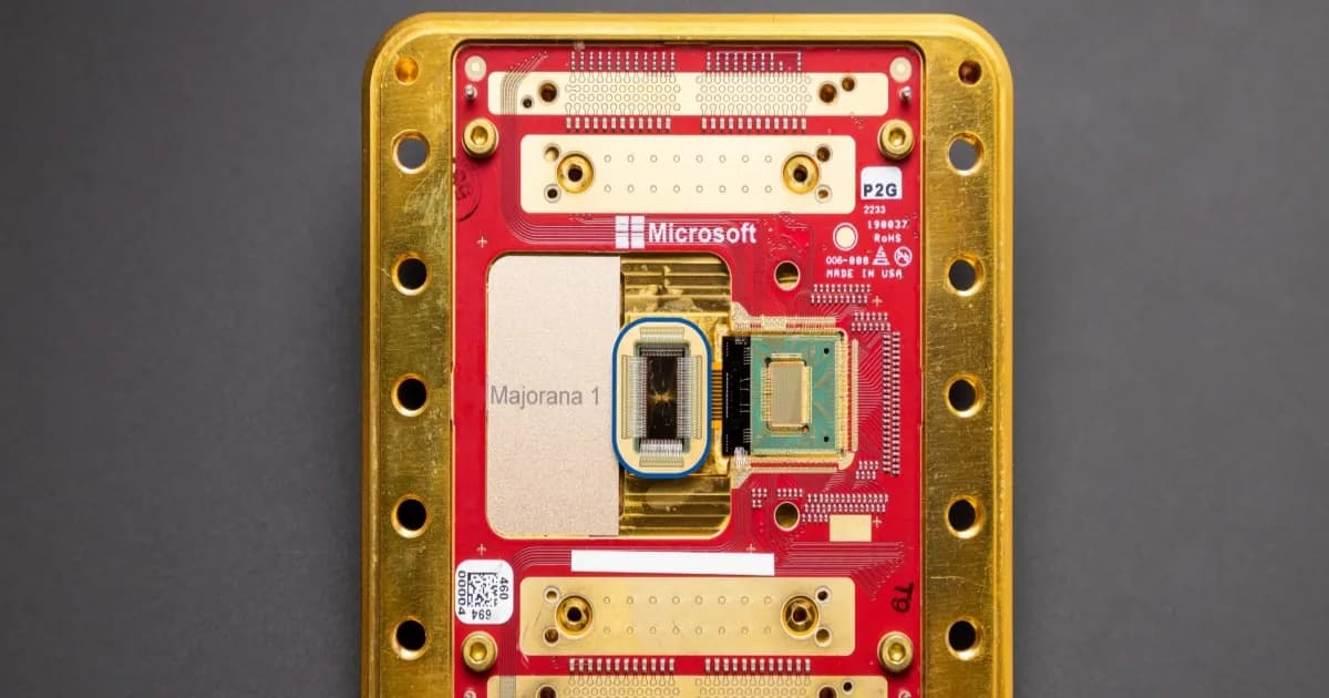 Ilustrasi chip quantum Microsoft Majorana 1 dengan latar teknologi futuristik