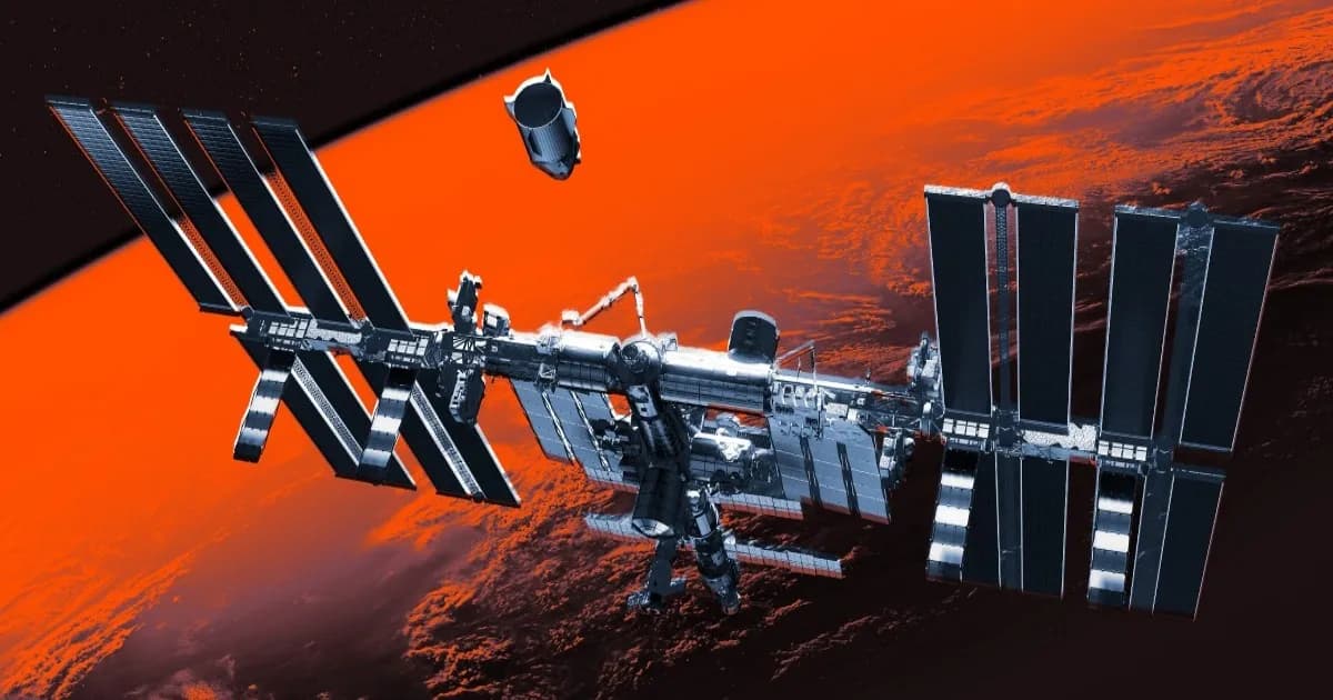 Ilustrasi grafis bergaya yang menampilkan ISS di atas Bumi dengan latar belakang atmosfer dan luar angkasa.