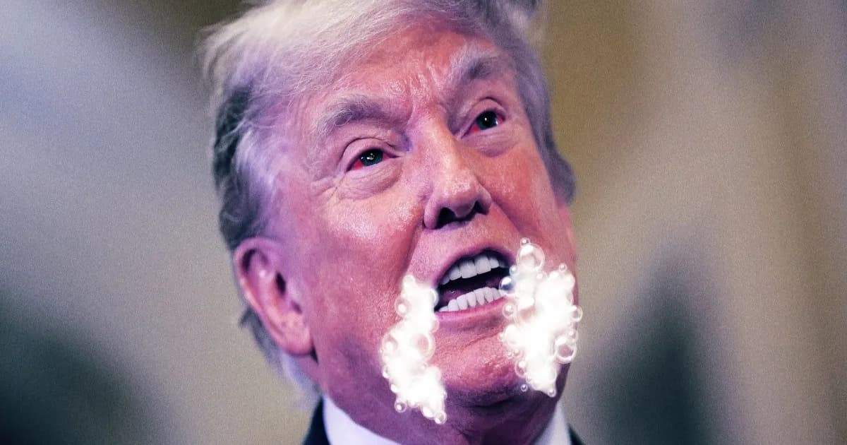 Ilustrasi komik Donald Trump dengan efek rabies di mulut sebagai representasi hoaks yang disebarkan AI DuckDuckGo.