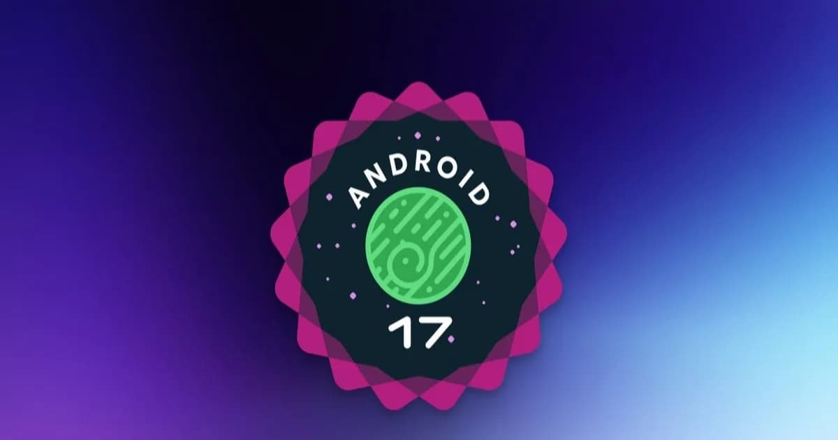 Logo Android 17 dengan maskot hijau di dalam bintang magenta dengan latar gradien ungu ke biru.