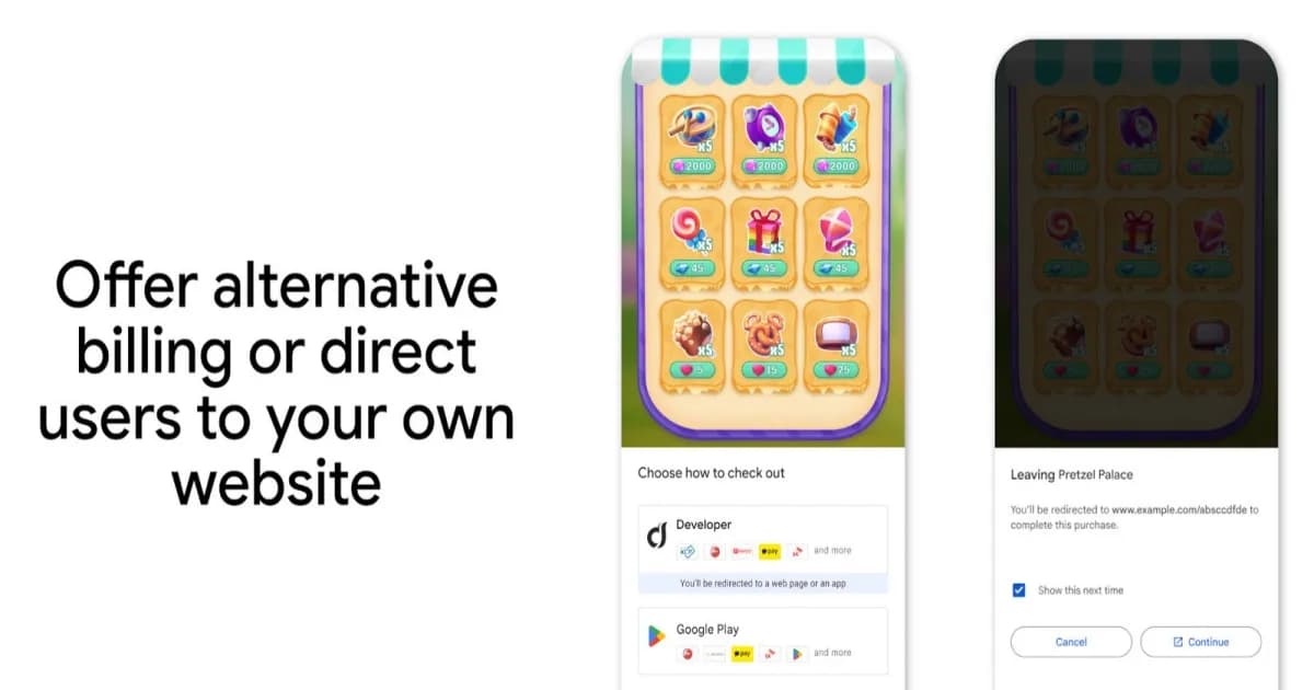 Tampilan layar pilihan pembayaran alternatif Google Play Store
