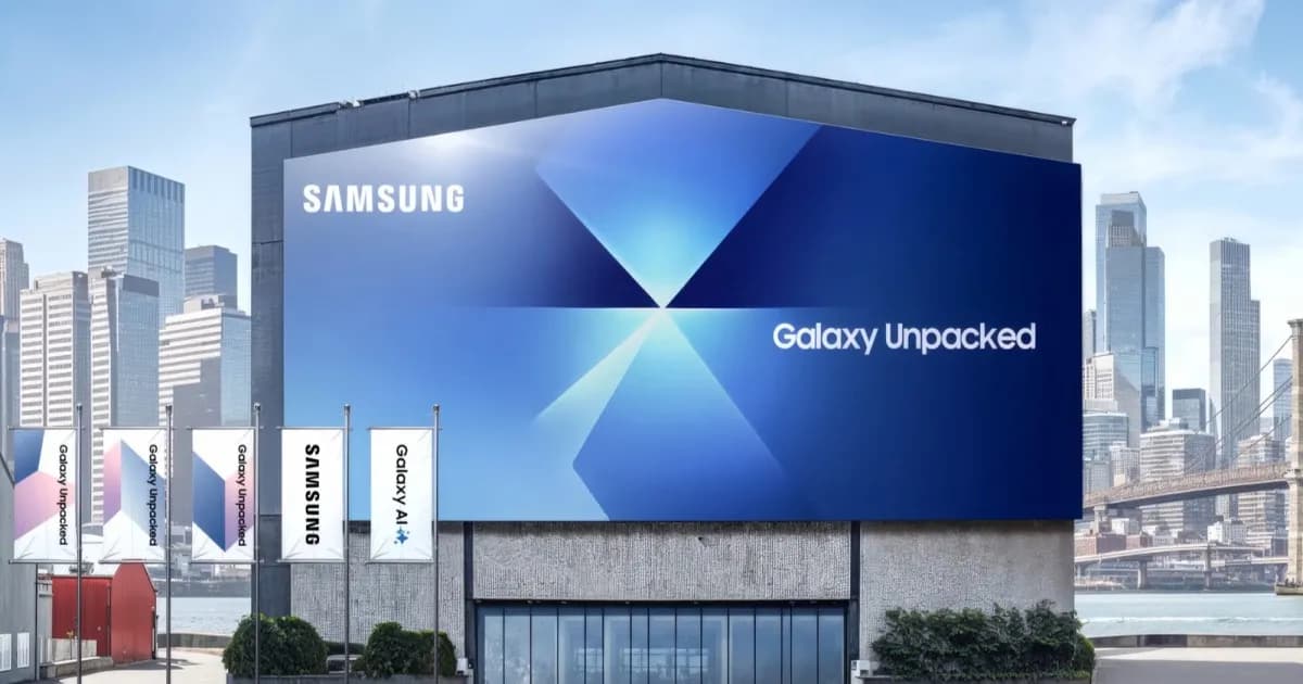 Ilustrasi gedung arena dengan papan nama Samsung Galaxy Unpacked