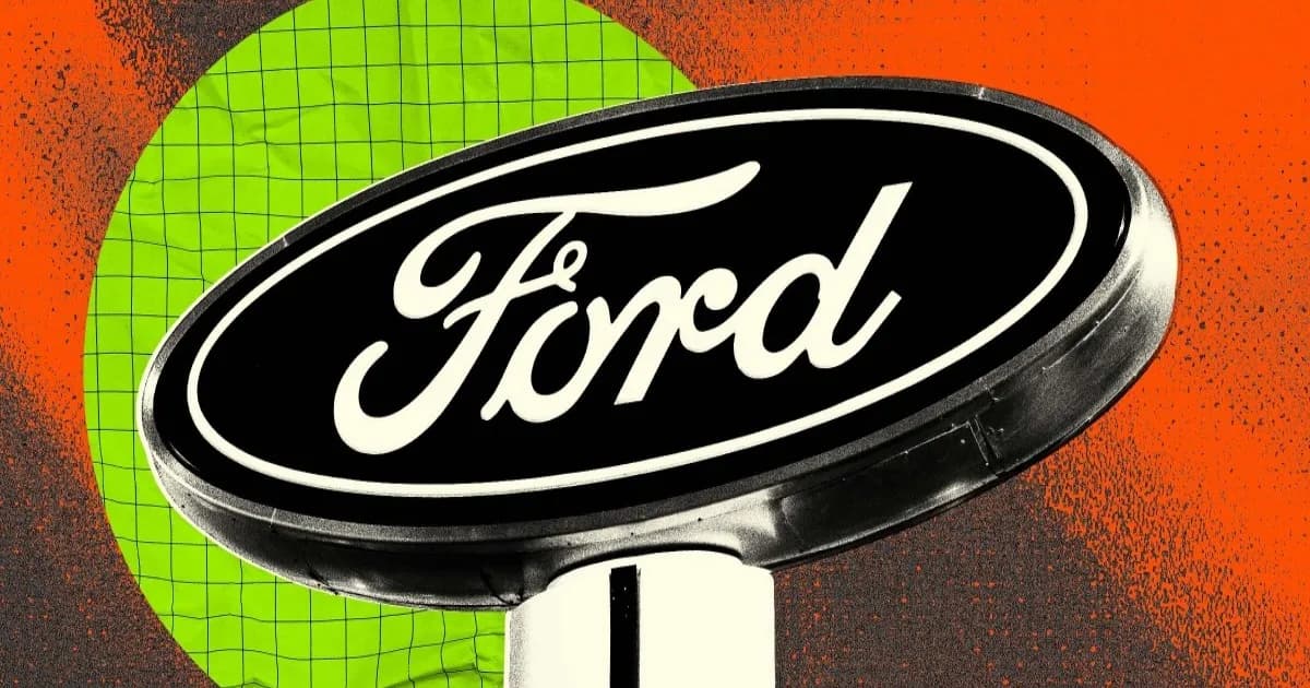 Ilustrasi papan nama Ford di luar diler resmi dengan gaya foto