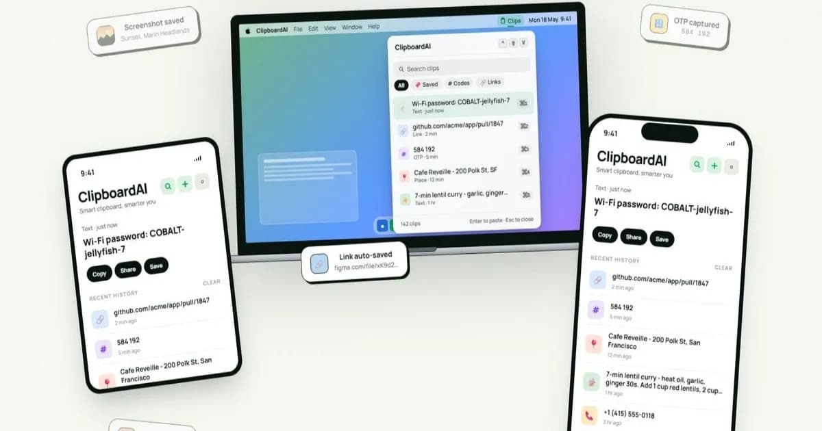 ClipboardAI keyboard extension menampilkan 20 klip terbaru di dalam kolom teks iOS