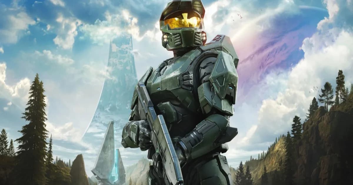 Key art Halo Campaign Evolved menampilkan Master Chief memegang senapan serbu ikonik dengan latar planet Halo.